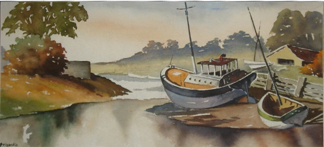 boat landscape painting calm river scene nature wall art