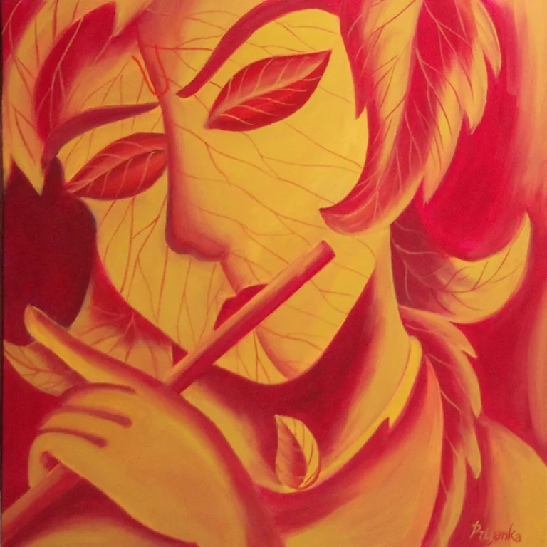 krishna painting orange tones nature inspired spiritual wall art