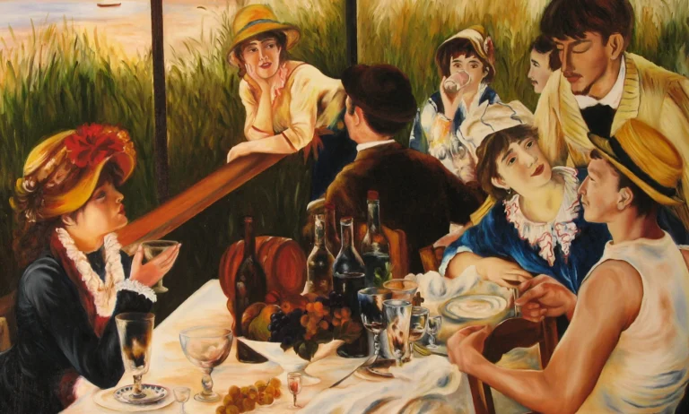 people gathering painting social scene vintage style artwork