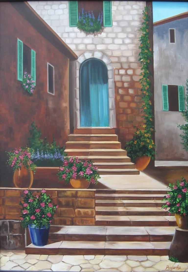 vintage doorway painting steps entrance architectural wall art